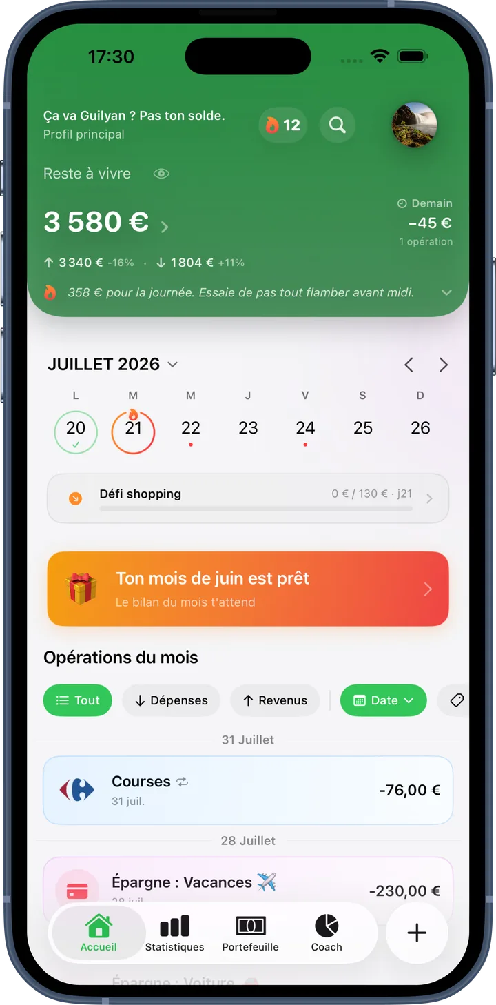 gCompté sur iPhone — écran d’accueil avec le reste à vivre du mois